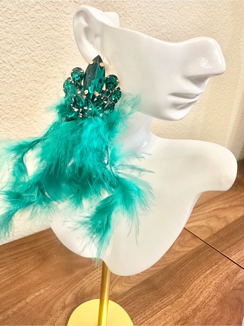 Elegant Emerald Green Crystal and Feather Statement Earrings